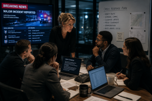 Business leaders coordinating communications during a developing crisis