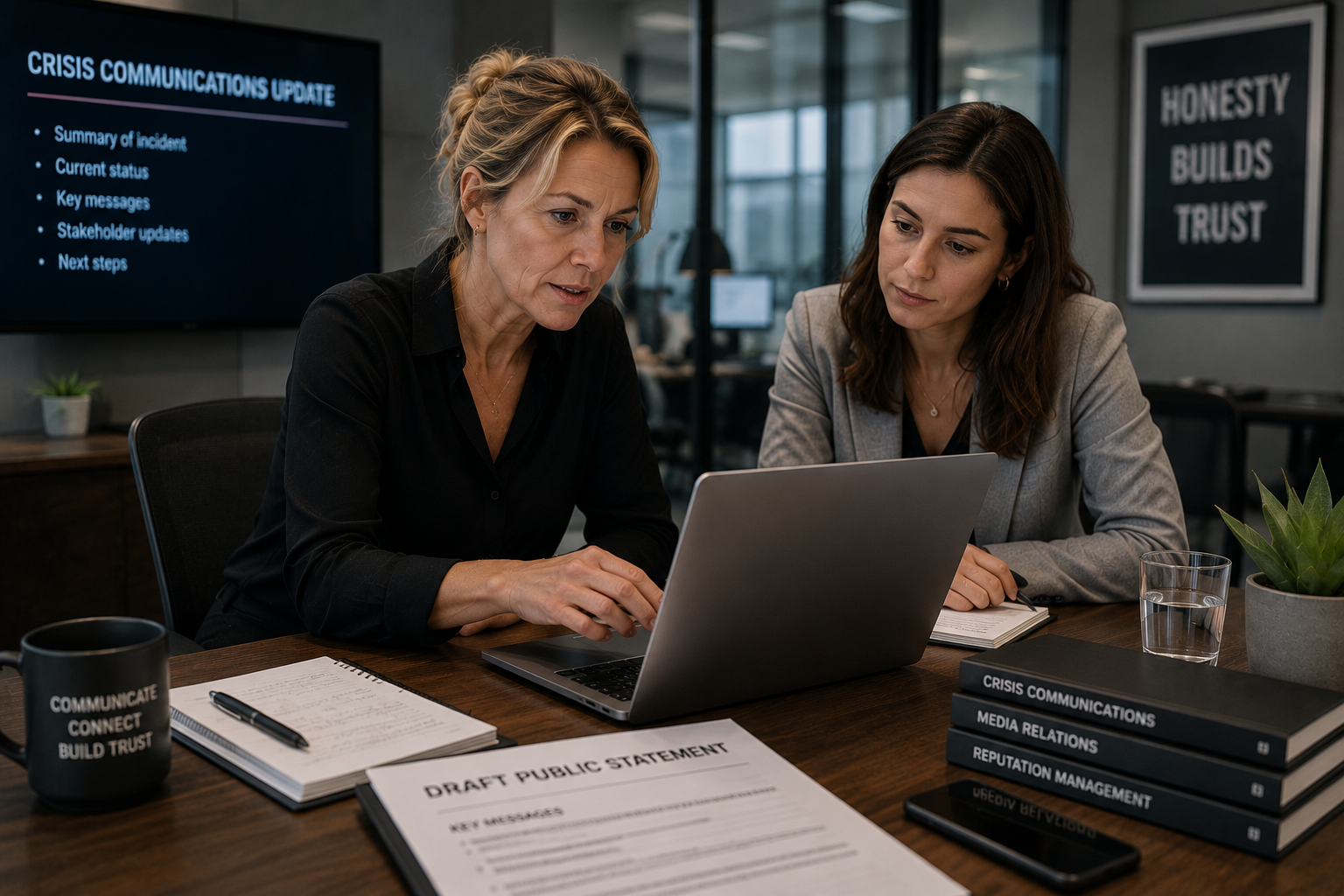Crisis communications team reviewing confirmed facts and information still under investigation