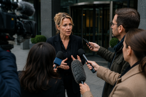A company spokesperson speaks to journalists during a media briefing about a crisis