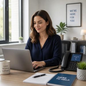 Communications professional responding to customer enquiries during a business disruption