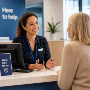 Customer service adviser helping a customer in a professional business environment