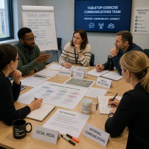 Business team taking part in a crisis communications planning exercise.