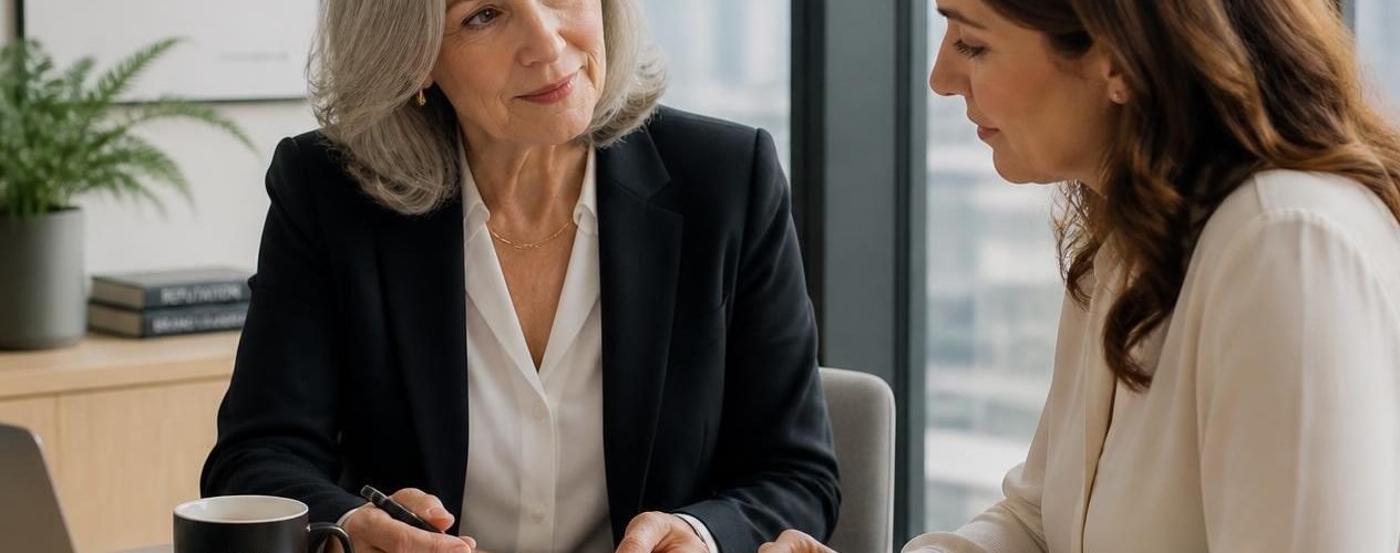 Communications consultant reassuring a client during a business crisis meeting