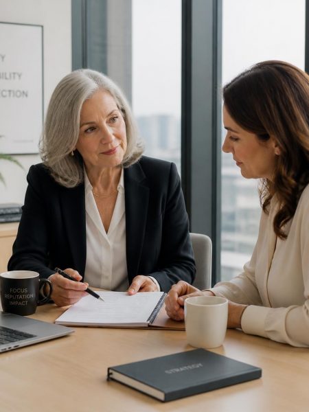 Communications consultant reassuring a client during a business crisis meeting
