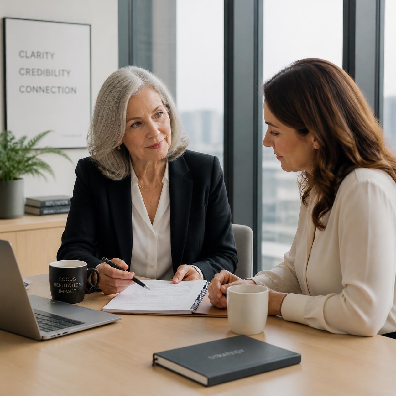 Communications consultant reassuring a client during a business crisis meeting