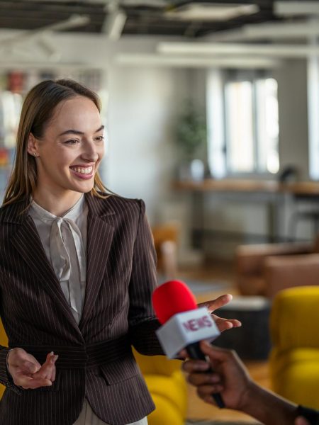 Business expert being interviewed as part of an ongoing PR and media relations strategy.
