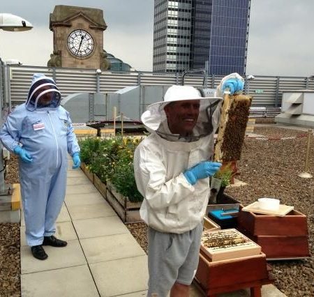 Bez from Happy Mondays at The Printworks Manchester during the rooftop bees PR campaign.