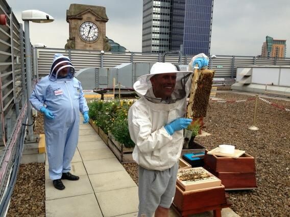 Bez from Happy Mondays at The Printworks Manchester during the rooftop bees PR campaign.